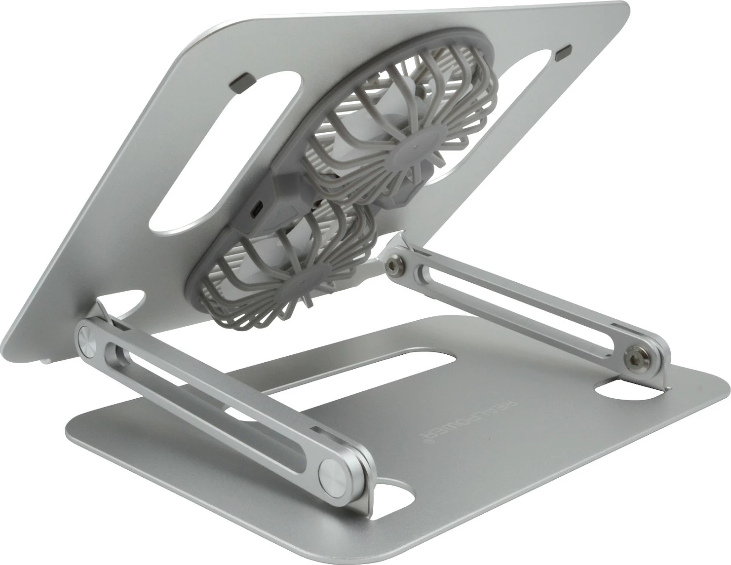 Mbajtëse laptopi/tableti RealPower FanStand 1, 2 ventilatorë, RGB, 10-17", inox