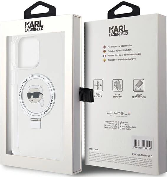 Mbështjellës Karl Lagerfeld KLHMP15LHMRSKHH për iPhone 15 Pro 6.1", me unazë Ring Stand, MagSafe, Bardhë