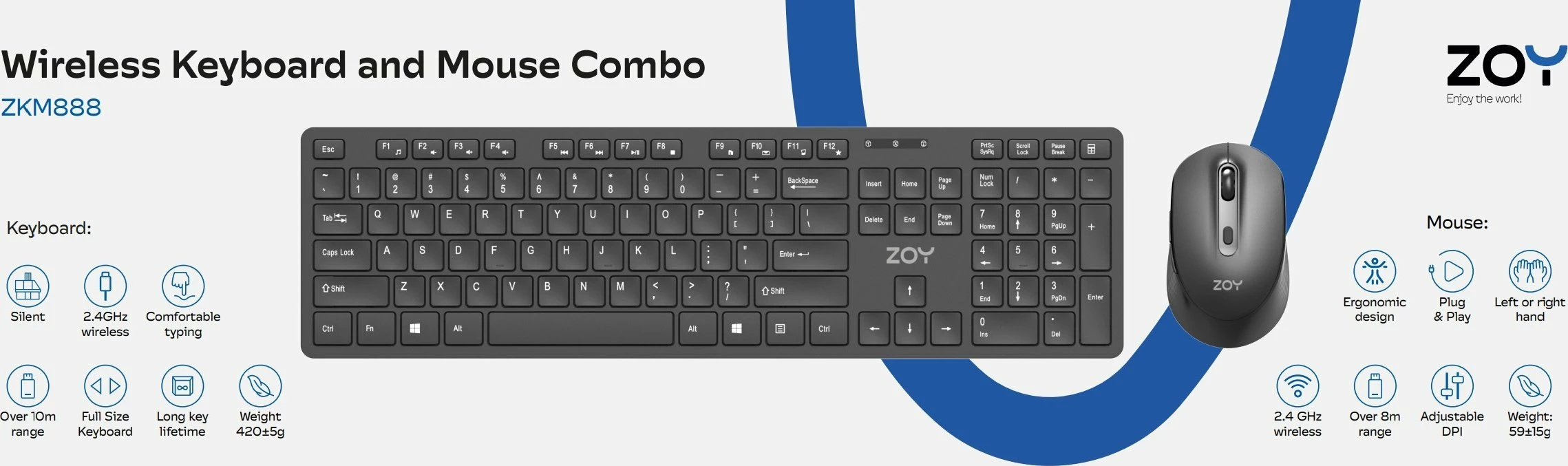 Set tastierë + Maus wireless ZOY ZKM888 2.4GHz, layout US, 106 taste, Plug & Play, i zi