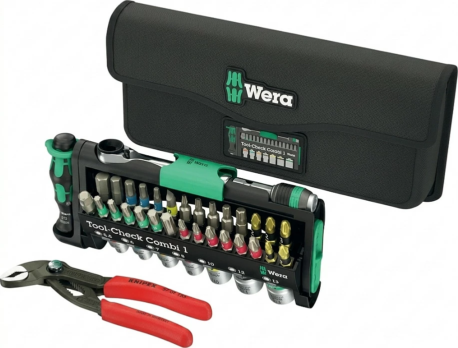 Set veglash Wera Tool-Check Combi 1, 40 pjesë, 1/4" bit-ratchet + pincë KNIPEX Cobra, zi/gjelbër