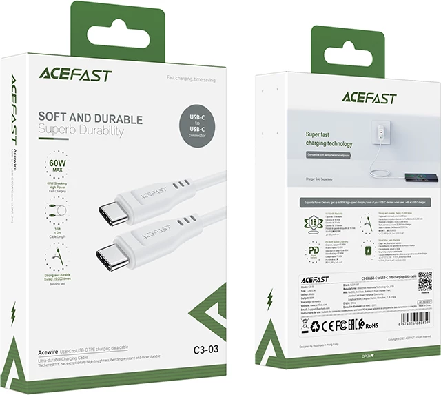 Kabllo Acefast C3-03 USB-C në USB-C, 1.2m, 60W, e bardhë