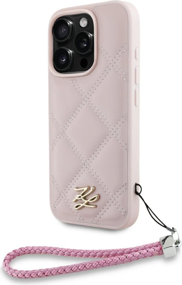 Mbështjellës Karl Lagerfeld Quilted Initial Logo & Chain Strap për iPhone 16 Pro, Rozë