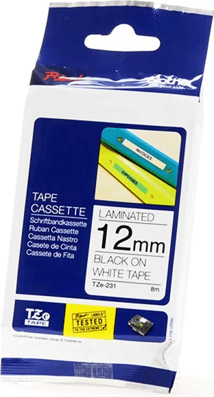 Shirit etiketa, Brother, TZE-231, i laminuar 12 mm 8 m, Black on White