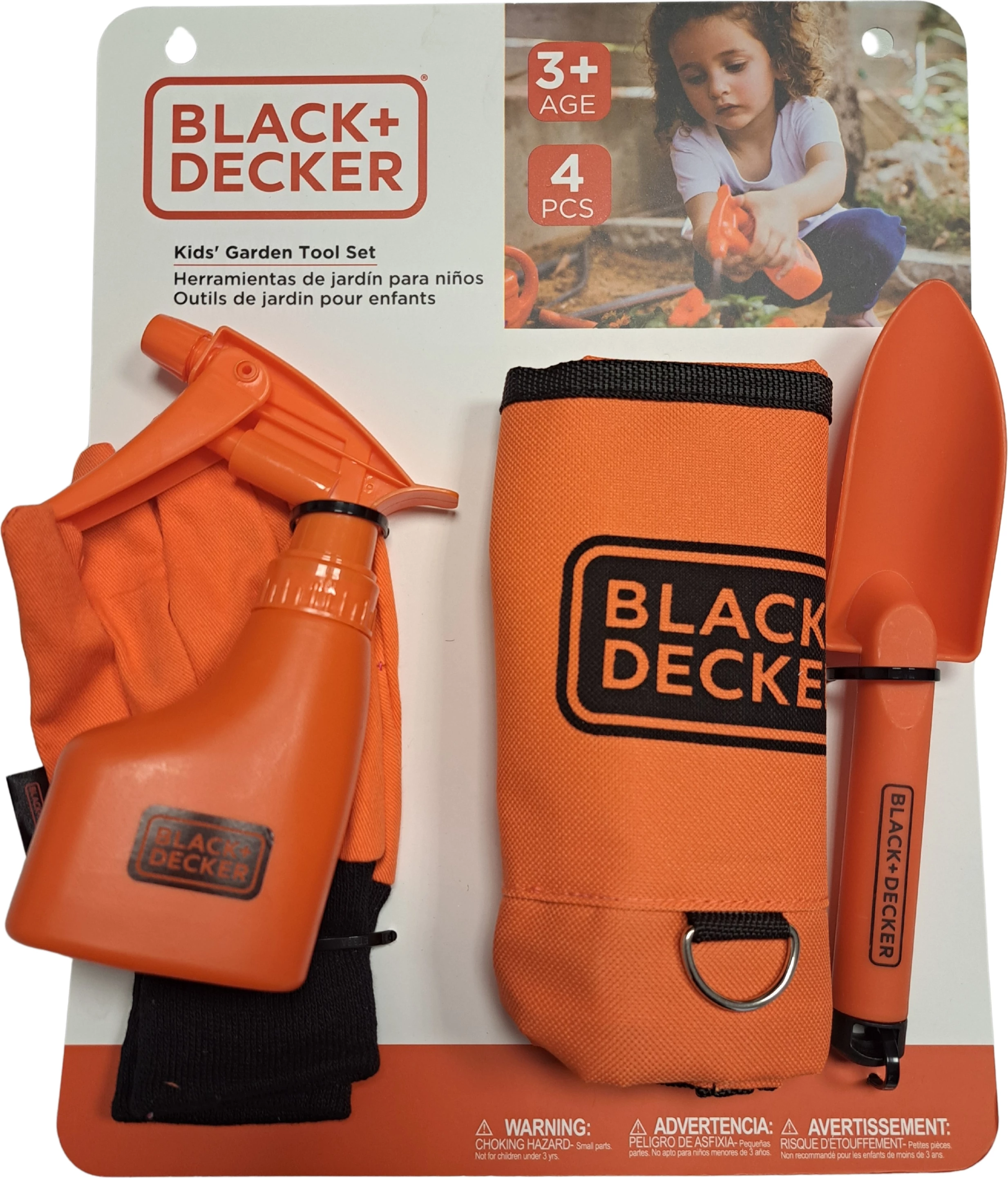 Set kopshtarie për fëmijë Black+Decker SGH020-04-BD, 3+, me përparëse, doreza, mini lopatë, spërkatës, 4 copë
