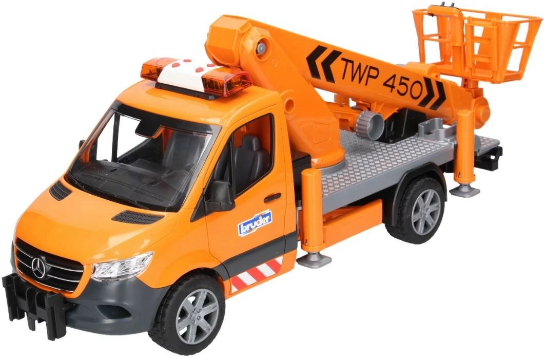 Lodër kamion me platformë ajrore, BRUDER Mercedes-Benz Sprinter BR-02679, shkallë 1:16, krah ngritës 70 cm, modul dritë-tingull, portokalli