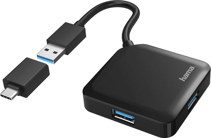 Adapter/Hub USB 3.0 3 porta, Hama, 00200116, me adapter USB-C, e zezë