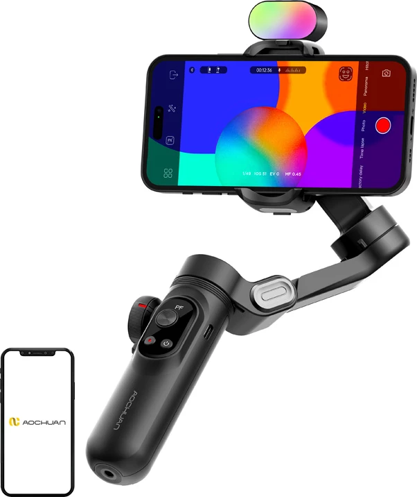 Gimbal AOCHUAN Smart X Pro 3-aksësh me dritë RGB, bateri 3200mAh, OLED, karikim wireless, set me tripod, i zi
