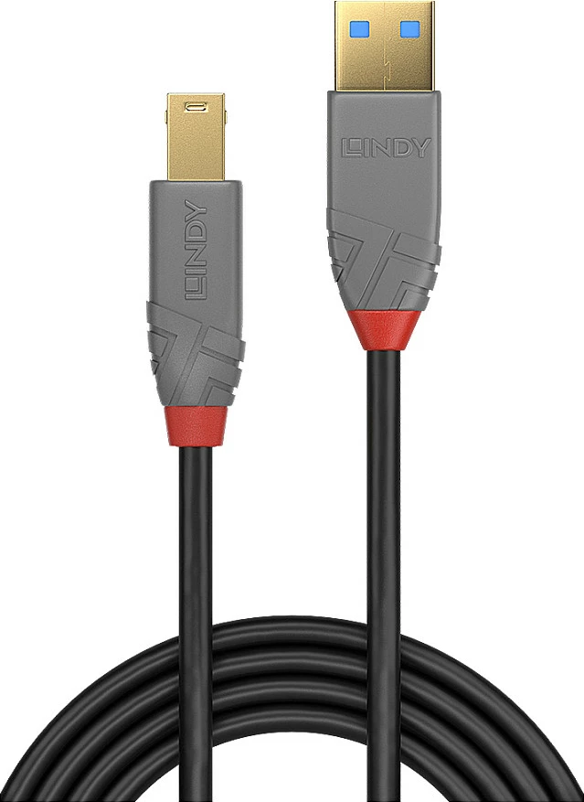 Kabllo USB LINDY Anthra Line USB 3.2 Gen 1 Type-A në Type-B, 5m, 5Gbps, e zezë