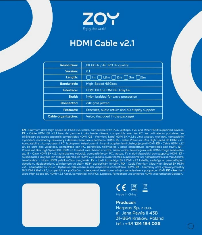 Kabllo HDMI ZOY ZCH18 HDMI 2.1, 1.8m, 48Gbps, 8K Ultra High Speed, e zezë