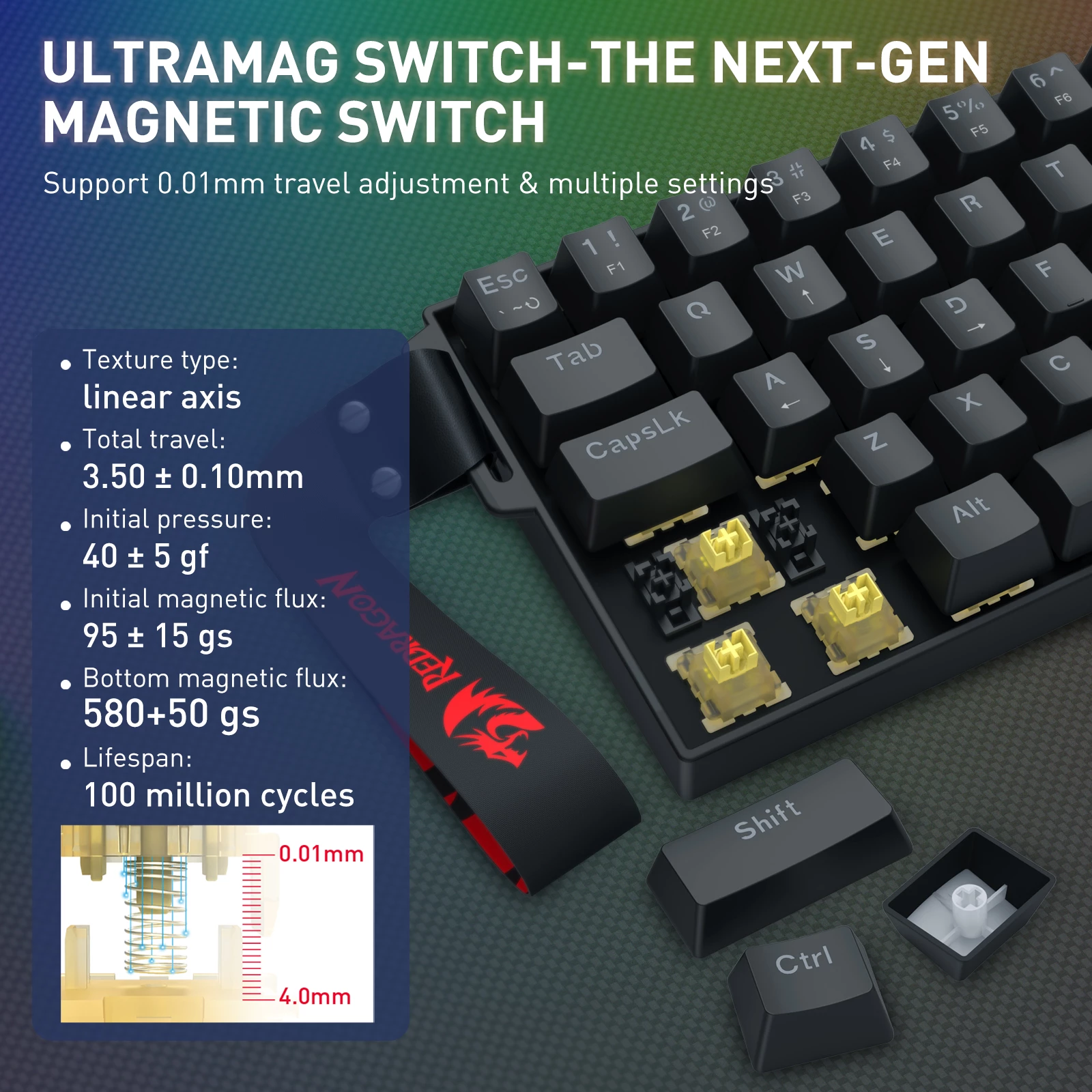 Tastierë gaming me kabllo Redragon Fizz Magnetic Plus K617RGB-MP, Hall Effect, 60% (61 taste), 8000Hz, RGB, USB-C e heqshme, e zezë