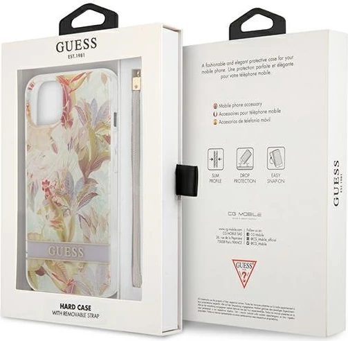 Mbështjellës Guess GUHCP13SHFLSU për iPhone 13 mini 5.4", Flower Strap, vjollcë