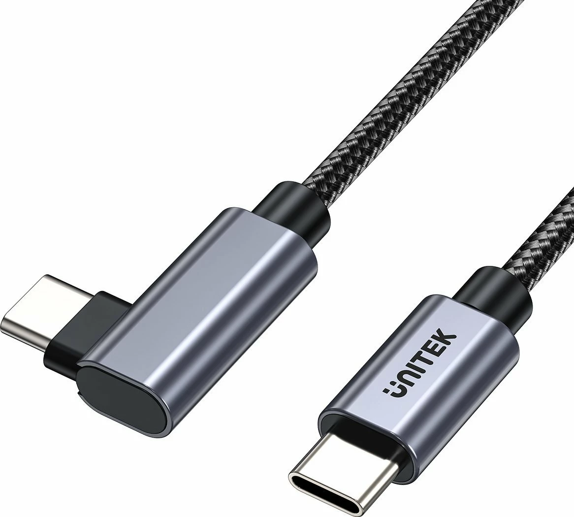 Kabllo USB-C në USB-C Unitek C14123BK-0.5M 0.5 m 100W PD/QC 3.0, e thurur, me prizë këndore, e zezë/argjend