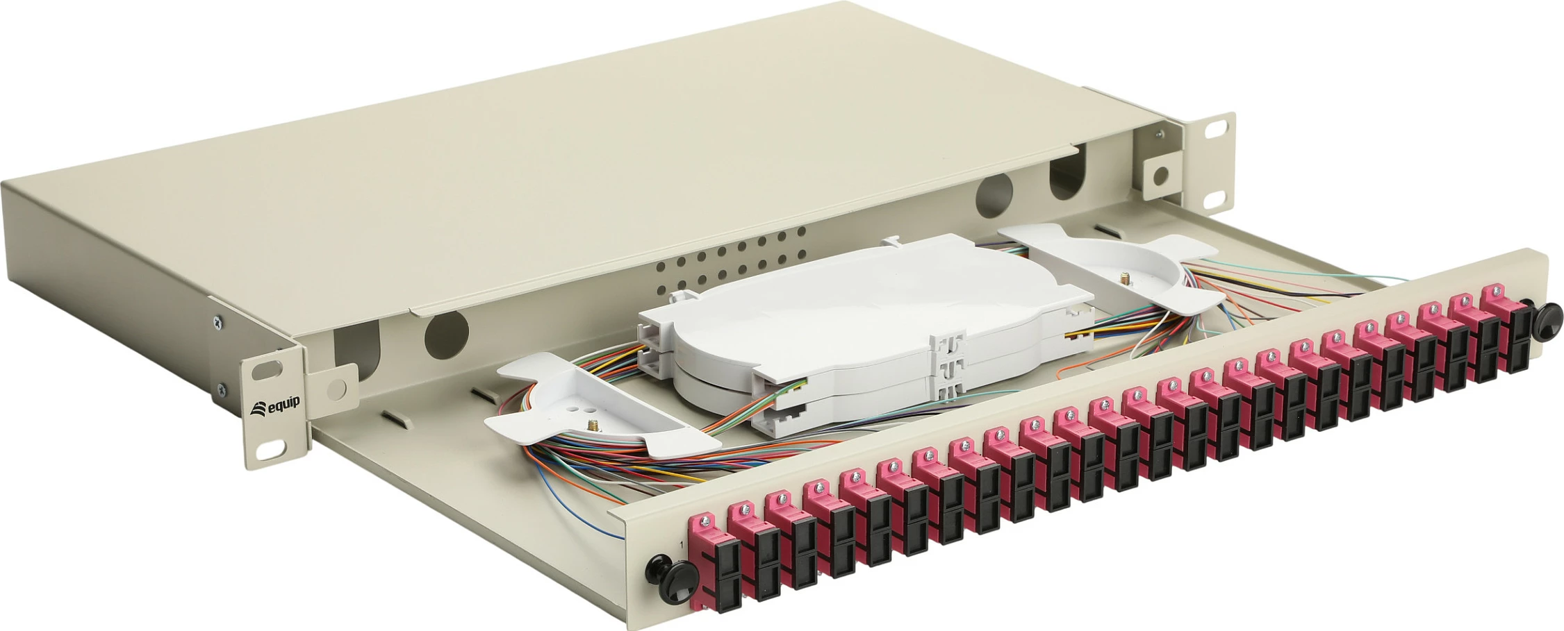 Kuti splice fibër optike EQUIP 337315, 24 porta SC Duplex, OM4, 1U rack, gri