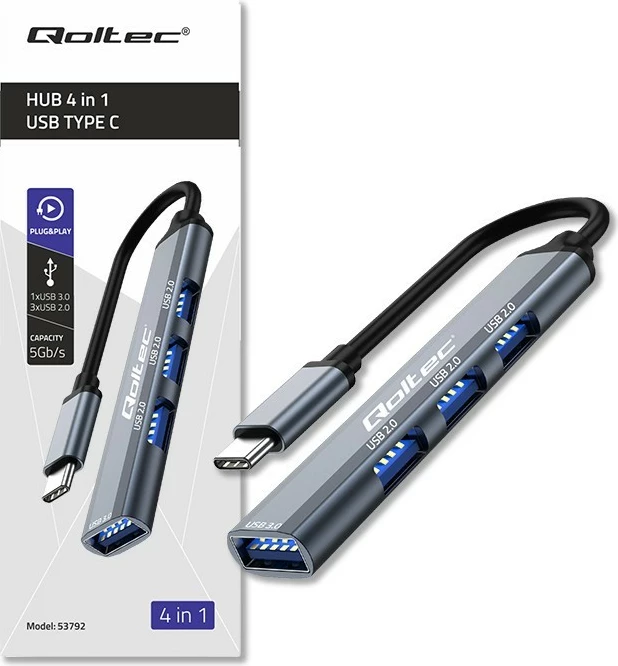 HUB USB-C Qoltec 53792, 4 porte (1x USB 3.0, 3x USB 2.0), grafit