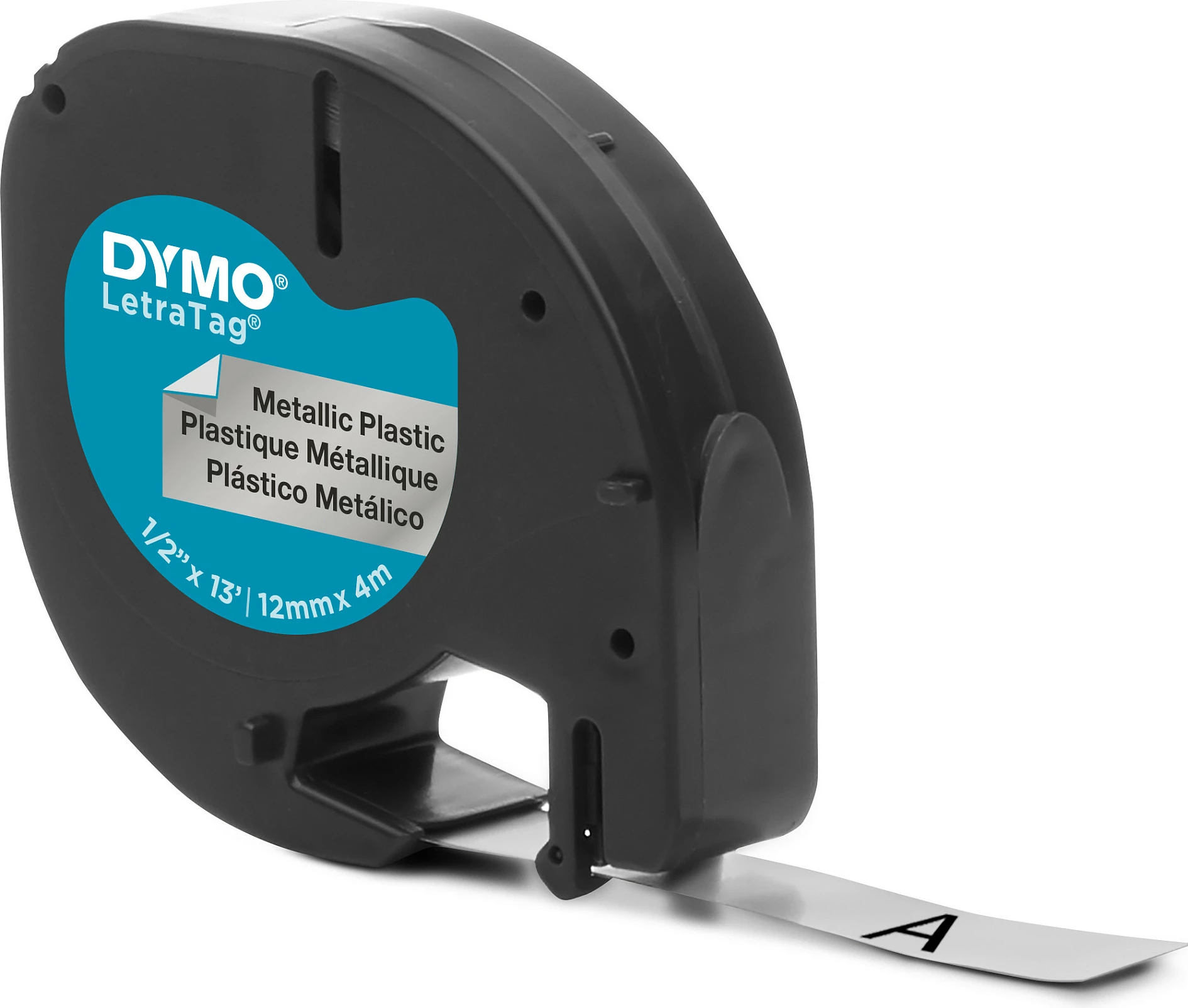 Shirit etiketash Dymo LetraTag Metallic 12 mm x 4 m, zi mbi metalik argjendtë