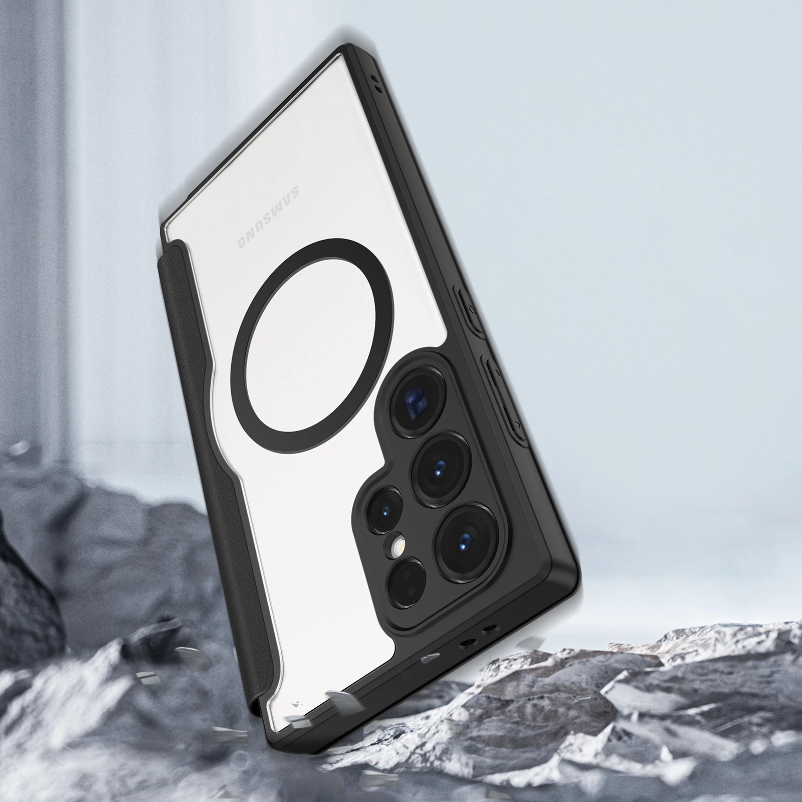 Mbështjellës Dux Ducis Skin X Pro për Samsung Galaxy S24 Ultra me unazë magnetike dhe kapak, e zezë