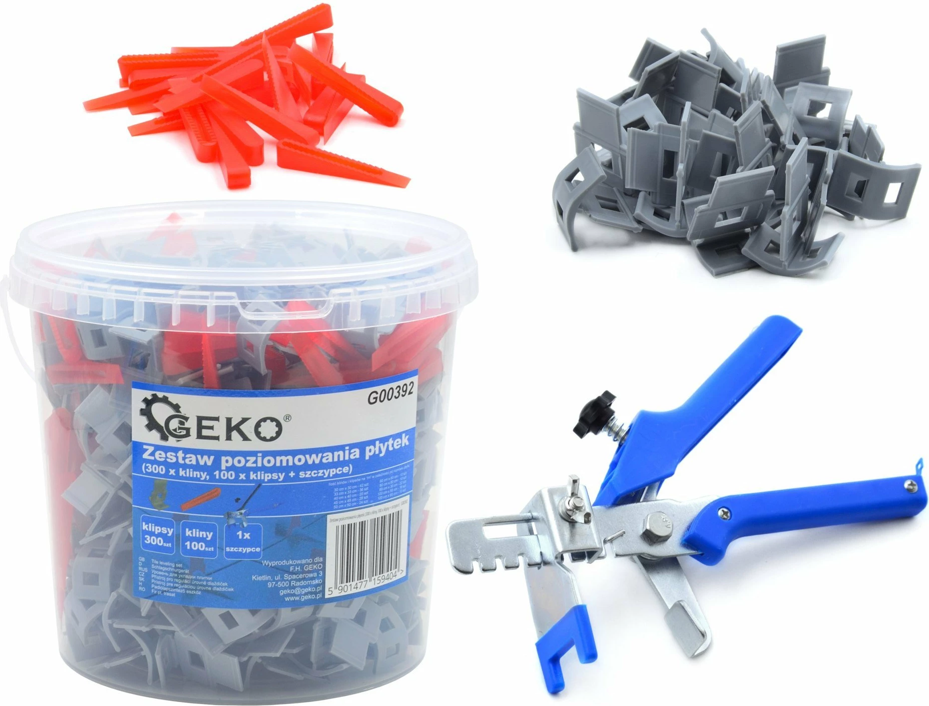 Set nivelimi pllaka Geko, 300 klipsa 1.2 mm + 100 pykë + darë, në kovë