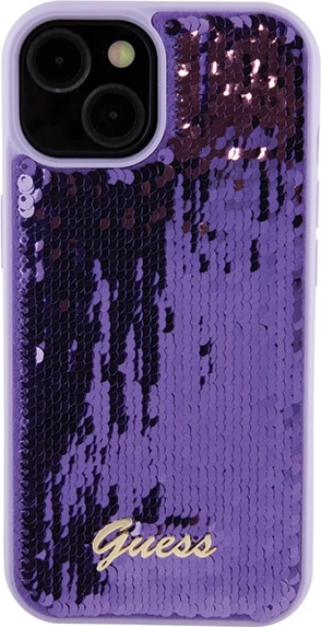 Mbështjellës Guess Sequin Script Metal për iPhone 15, vjollcë