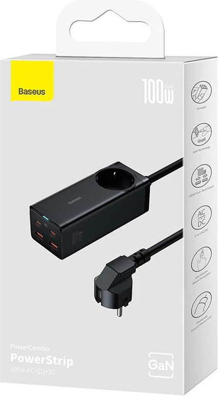 Kasë karikues Baseus GaN3 Pro, 100W, 2x USB-C + 2x USB, prizë AC, e zezë