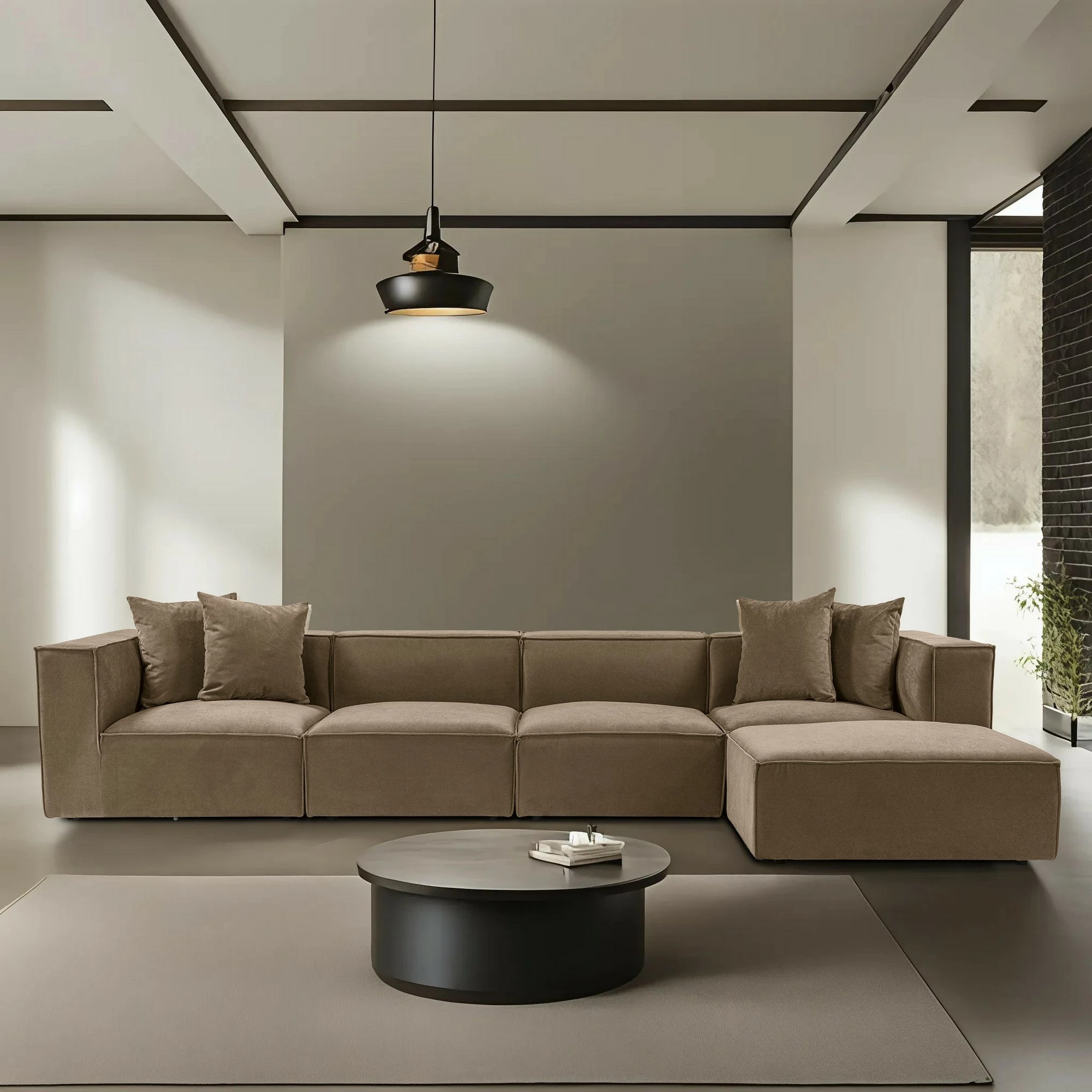 Këndore Sora me pouffe, kornizë druri, pëlhurë lino, kafe, 350x65x190cm