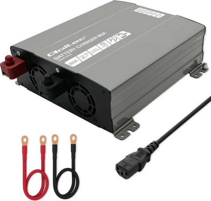 Karikues inteligjent akumulatori Qoltec Monolith 51918, 12V, 80A, për LiFePO4/AGM/GEL/SLA, zi/gri, set me kabllo