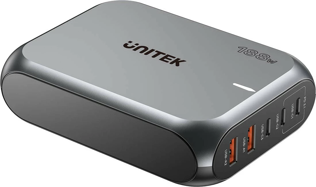 Karikues rrjeti Unitek GAN 188W, 2xUSB-A, 3xUSB-C, gri