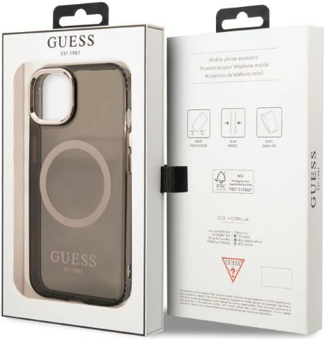 Mbështjellës Guess Gold Outline Translucent MagSafe për iPhone 13, i zi
