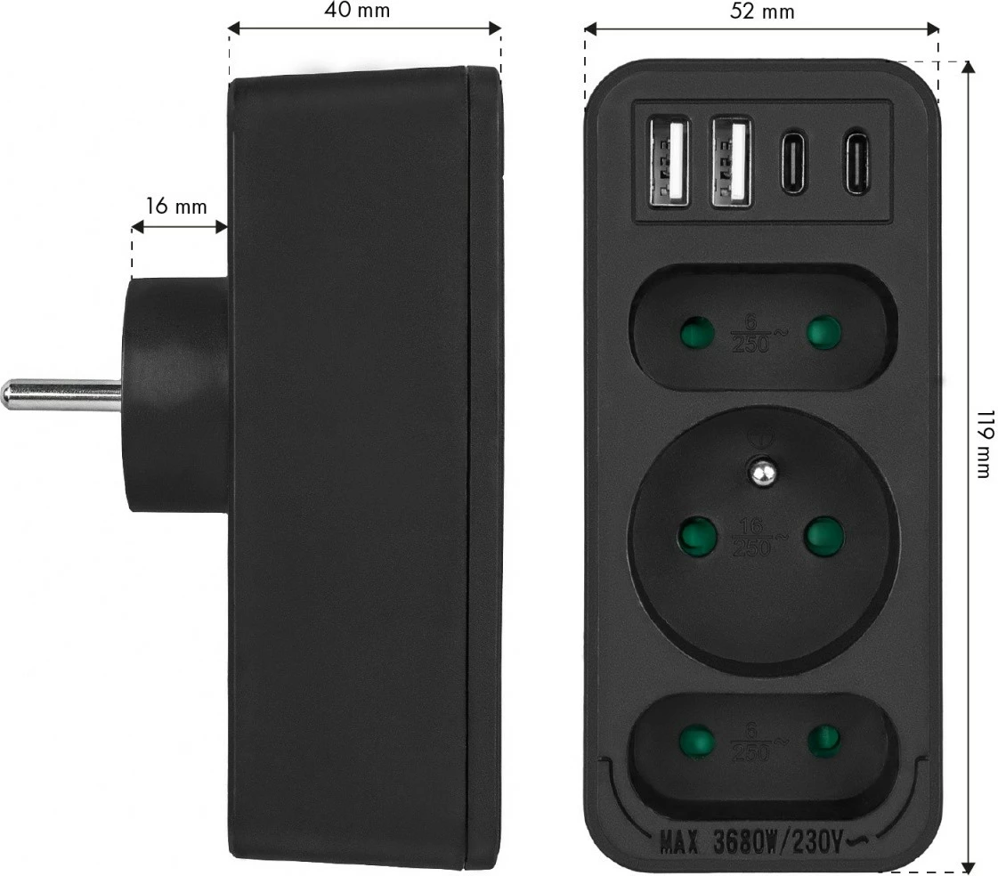 Shpërndarës prizash, Maclean MCE248 F/B, 3 dalje (2 të sheshta + 1 me tokëzim), 2x USB-A + 2x USB-C PD 20W, zi