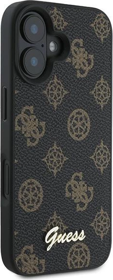 Mbështjellës Guess Peony Script MagSafe për iPhone 16 Plus, lëkurë eko, i zi