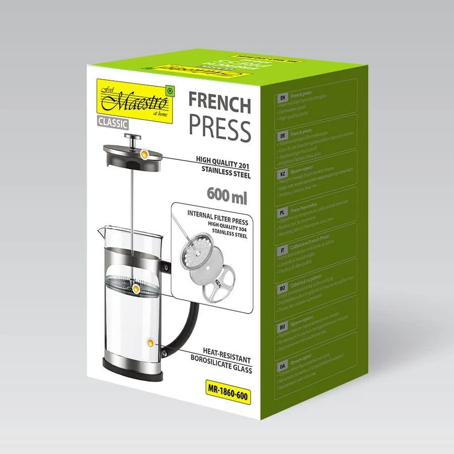 French press Maestro MR-1860-600, 600 ml, Çelik, E zezë