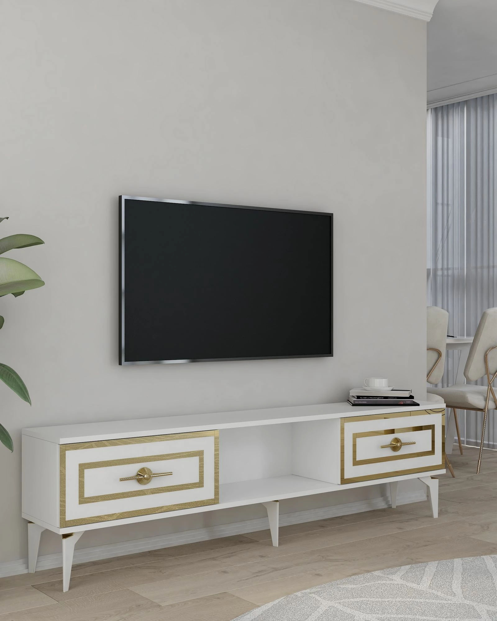 Komodë TV Skye Decor, e bardhë, e artë