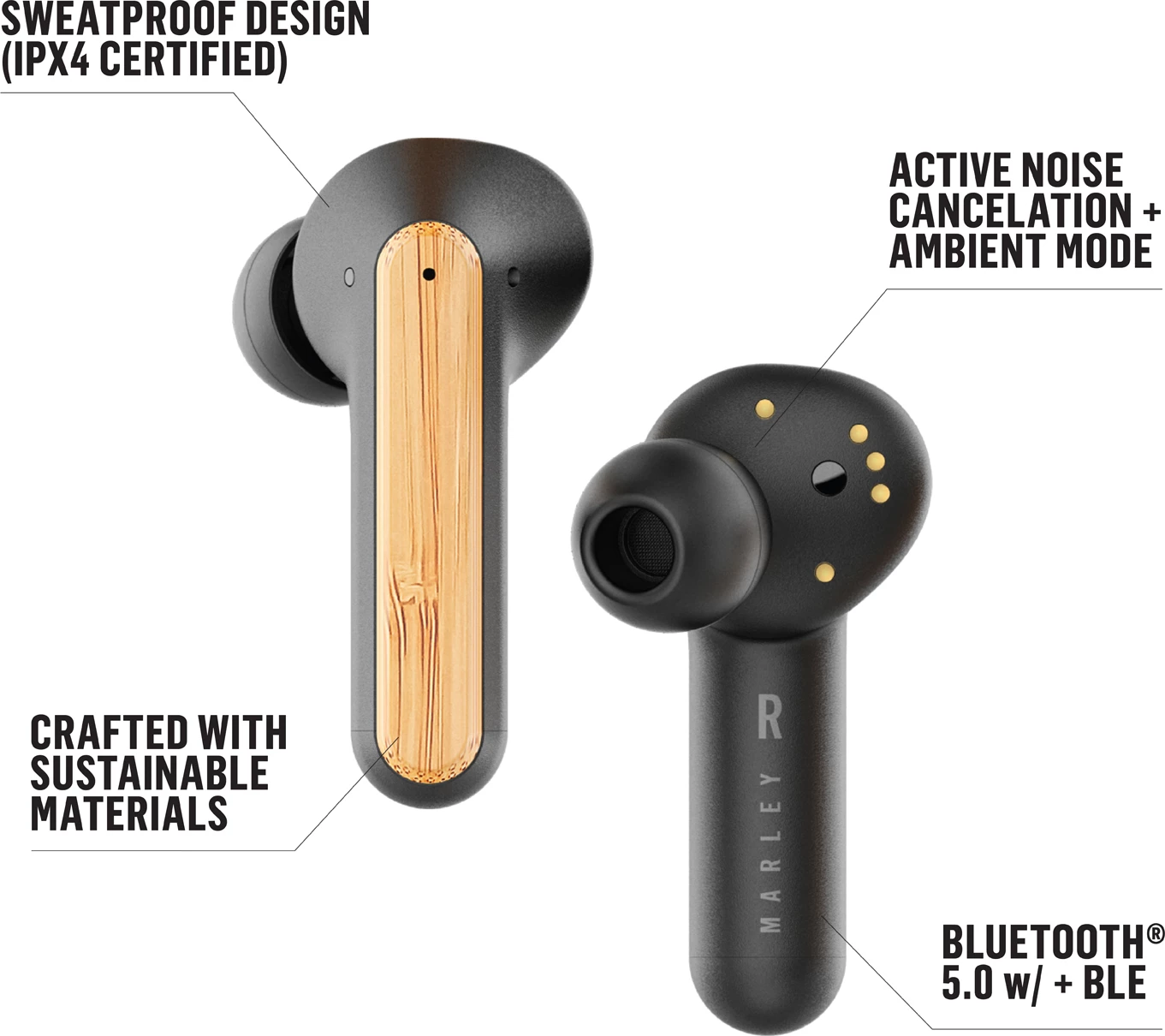 Kufje House of Marley Redemption ANC, True Wireless Bluetooth, 20h me kuti karikimi, USB-C, të zeza