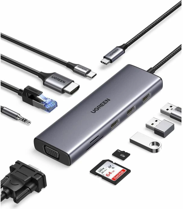 Hub USB-C UGREEN 15601 10-në-1, HDMI 4K + VGA 1080p, Ethernet 1Gbps, PD 100W, gri e errët