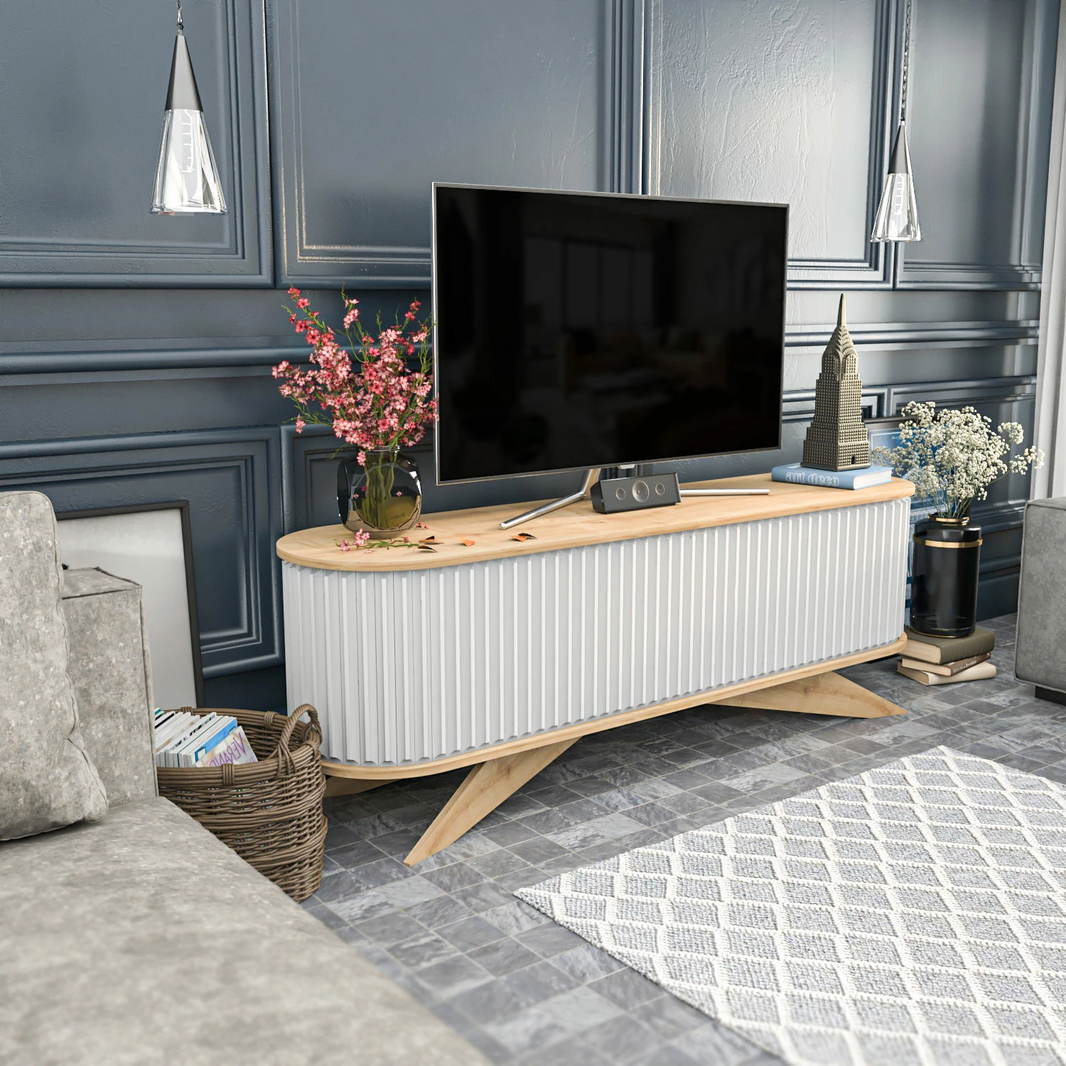 Komodë TV Hanah Home, ngjyrë safir dhe e bardhë, Stor