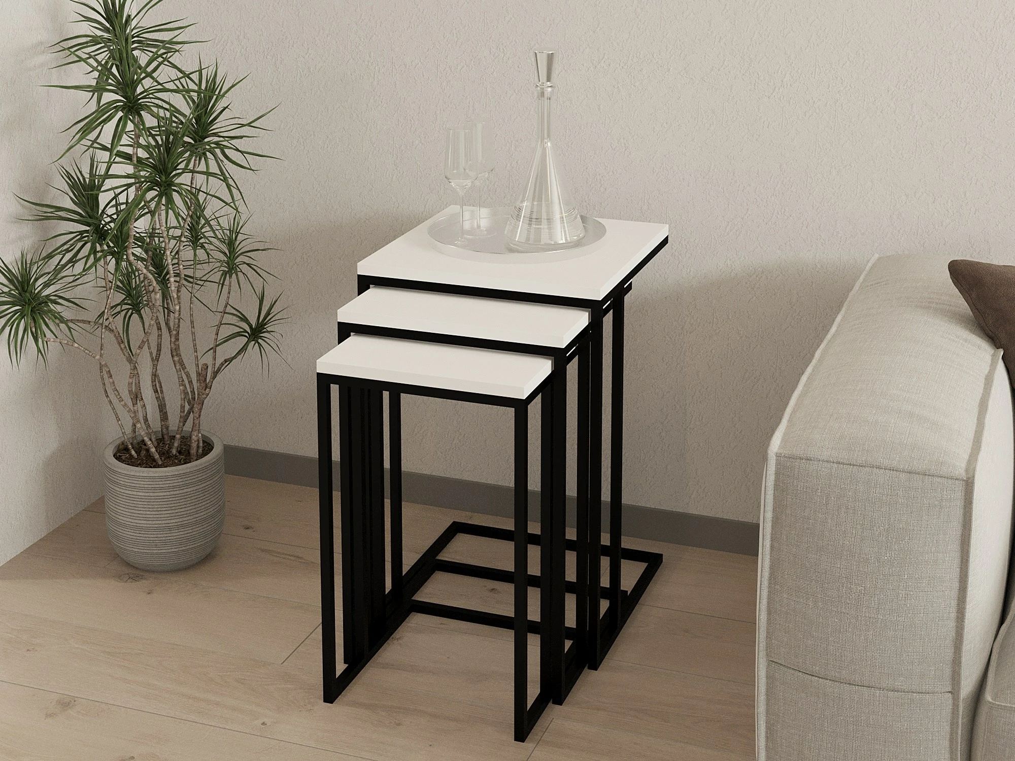 Set tavolinash ndihmëse, 3 copë, Hanah Home, Venedik, e bardhë/zezë