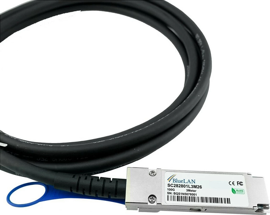 Kabllo DAC BlueOptics ACC763-10000S, QSFP28-QSFP28, 100Gbps, 3m, e zezë/argjendtë