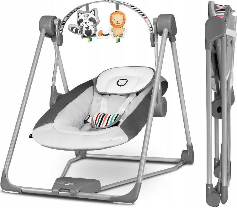 Lëkundëse elektrike për bebe Lionelo Otto Cozy 5 shpejtësi, tinguj natyre, timer, rrip 5-pikësh, 67 x 55 x 76 cm, gri