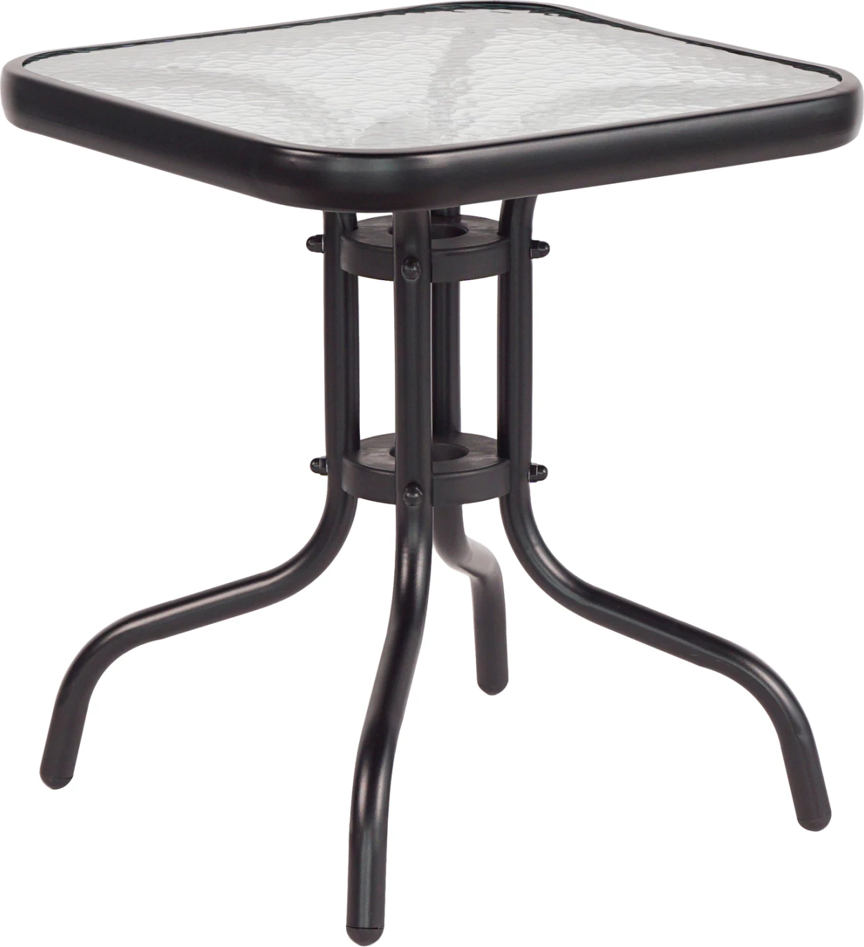 Tavolinë kafeje FIGO FH6067.03 metalike, ngjyrë e zezë, sipërfaqe qelqi të kalitur, 45x45x50H cm