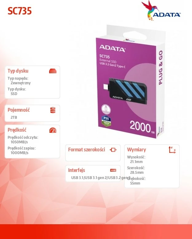 Disk i jashtëm SSD Adata SC735, 2TB, USB 3.2 Gen2 Type-C, Zi/Blu