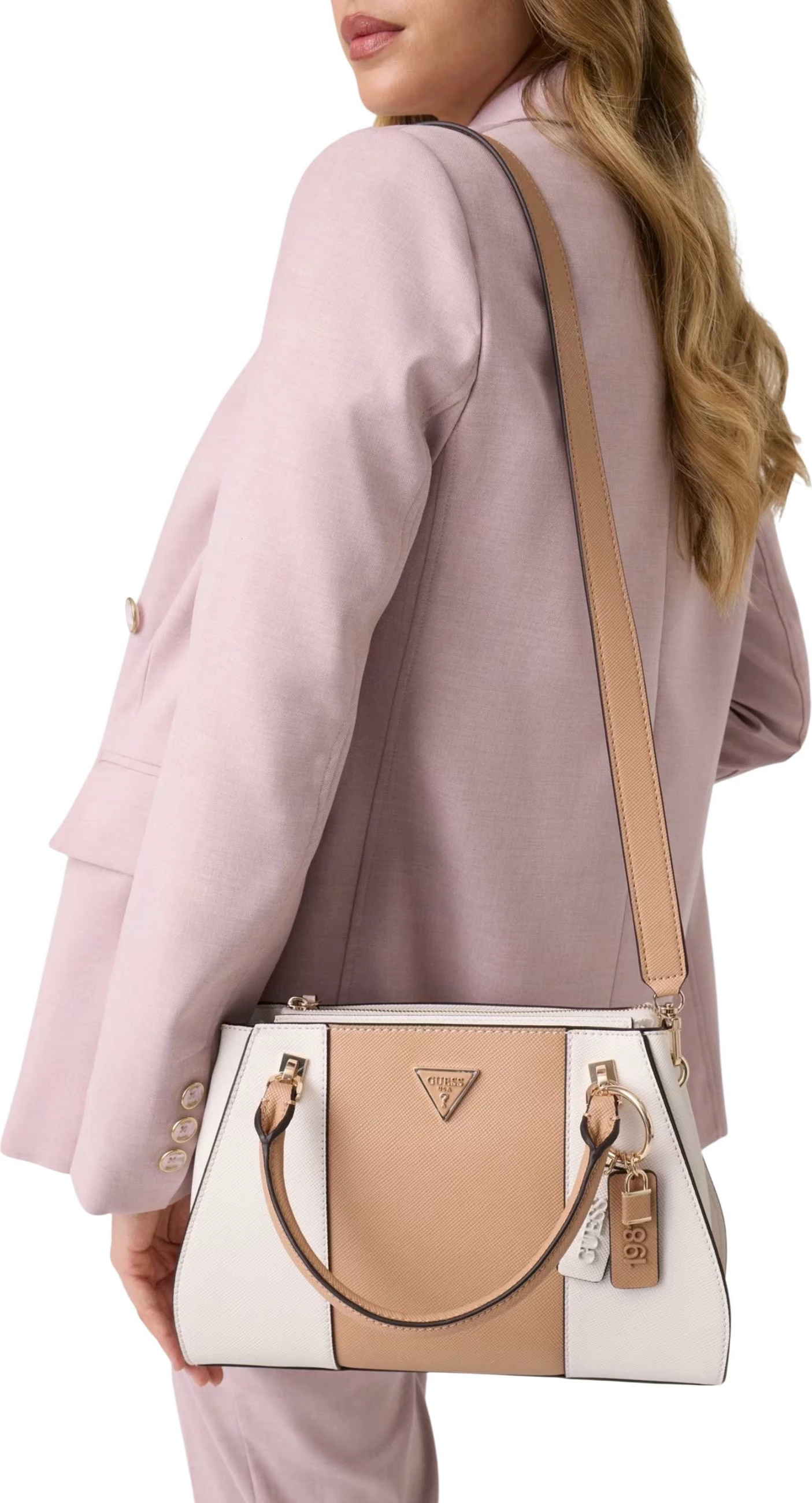 Çantë dore për femra Guess Noelle II Luxury Satchel HWZG96 72070, bezhë/bardhë
