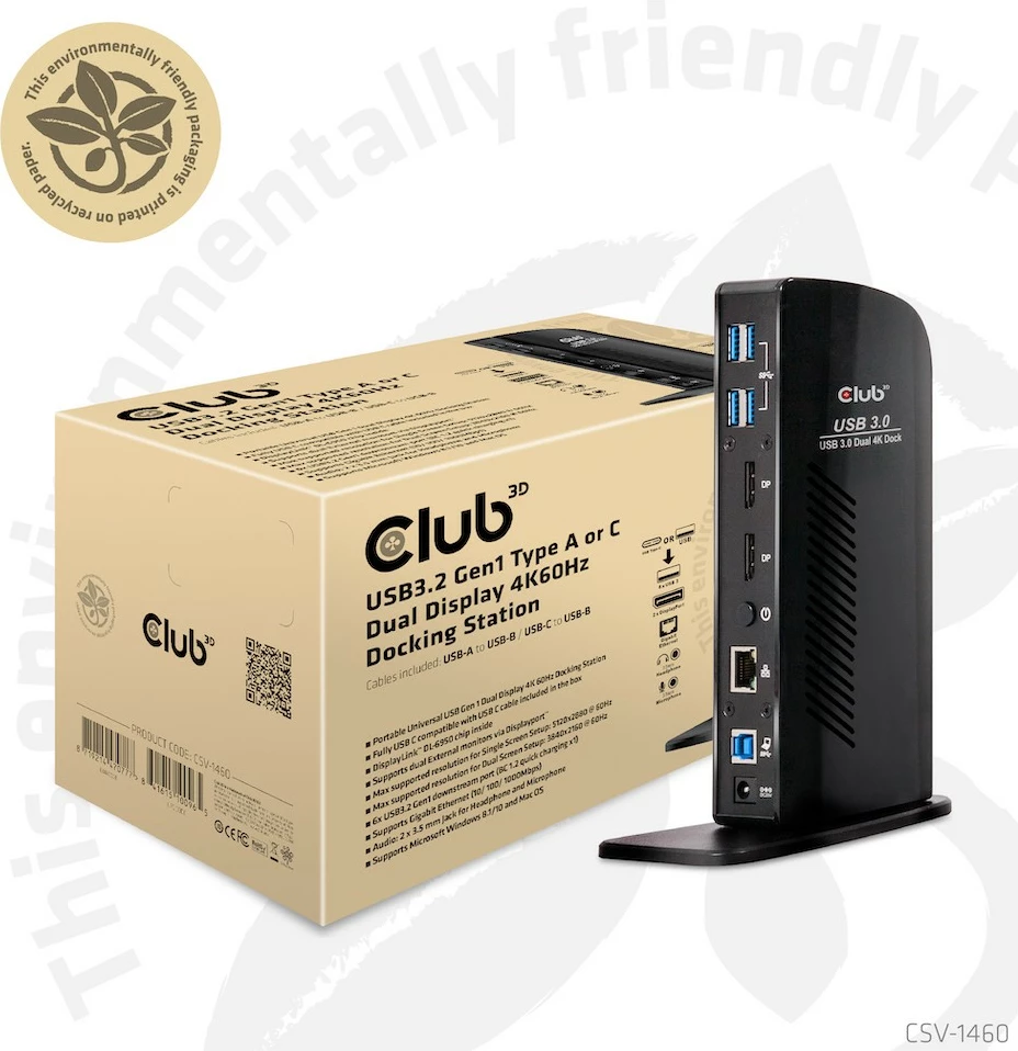 Docking station Club3D USB3.2 Gen1, 2x DisplayPort, 6x USB3.0, Gigabit Ethernet, e zezë