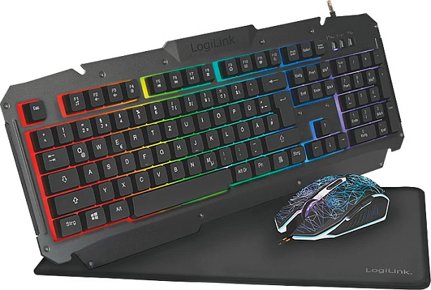 Set gaming LogiLink tastierë + Maus + Mauspad, USB, RGB, 2400 DPI, i zi