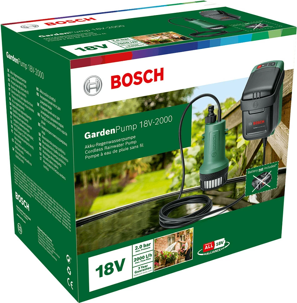 Pompë kopshti Bosch GardenPump 18V-2000, 2000 l/h, solo (pa bateri/karikues), e gjelbër/zezë