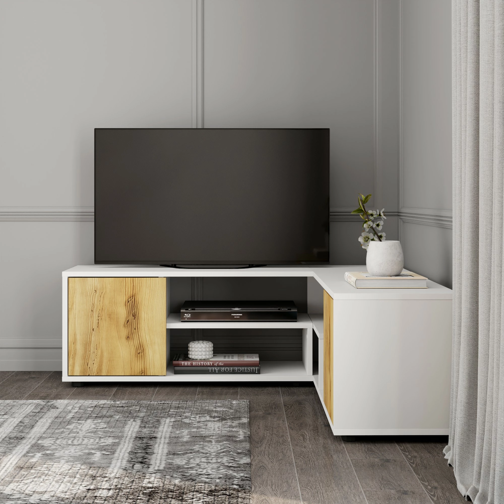 Komodë për TV Skye Decor, ngjyrë e bardhë dhe lis