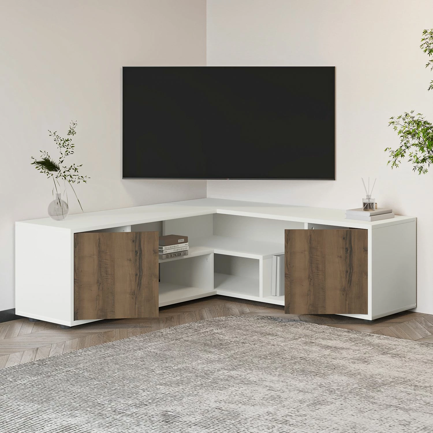Komodë për TV Skye Decor, ngjyrë e bardhë dhe lis