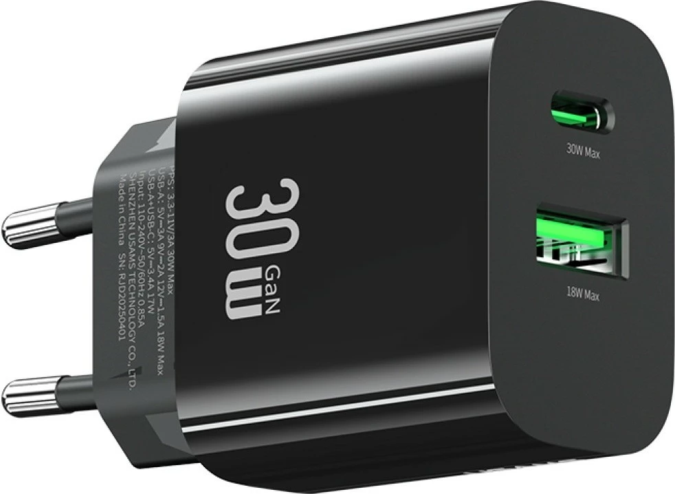 Karikues muri USAMS CC316 T65, 30W, 1x USB-C, 1x USB-A, i zi