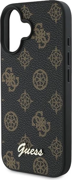 Mbështjellës Guess Peony Script MagSafe për iPhone 16 Plus, lëkurë eko, i zi