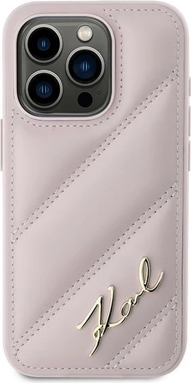 Mbështjellës Karl Lagerfeld Diagonal Quilted Script për iPhone 15 Pro Max, rozë