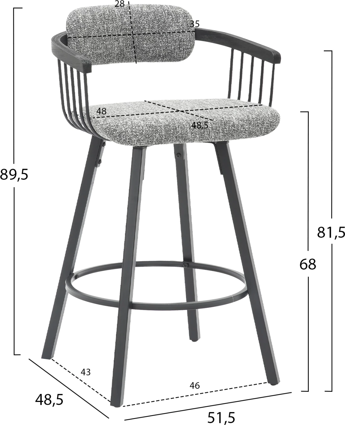 Karrige për bar rrotulluese LANG FH9990.02, kornizë metali e zezë, pëlhurë gri, 51.5x48.5x89.5H cm