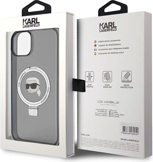 Mbështjellës Karl Lagerfeld Ring Stand Karl Head MagSafe për iPhone 15 Plus / 14 Plus, i zi
